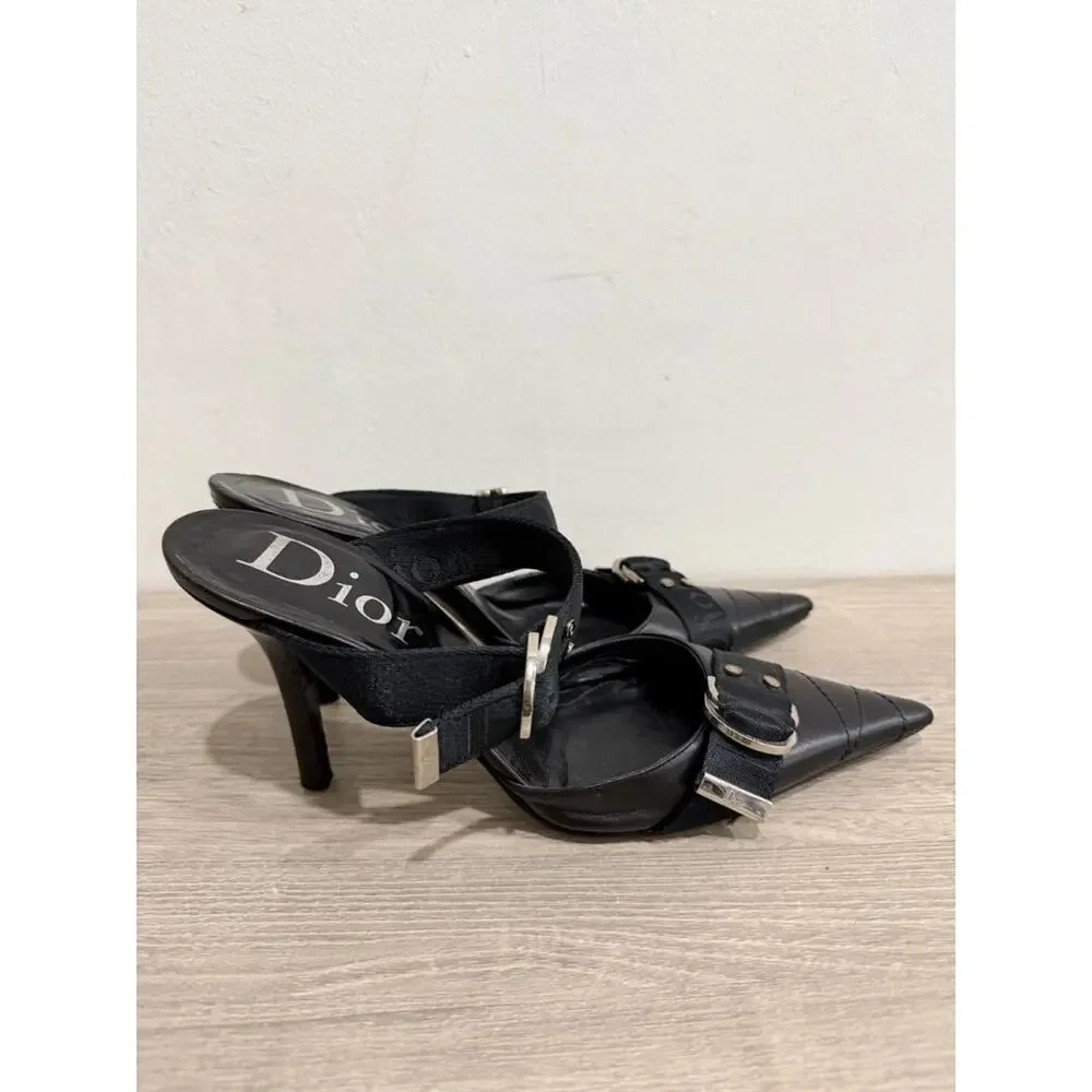 Vintage Christian Dior Leather Pointed-Toe Mules with Buckle Straps Black EU 38 - Picture 5 of 7